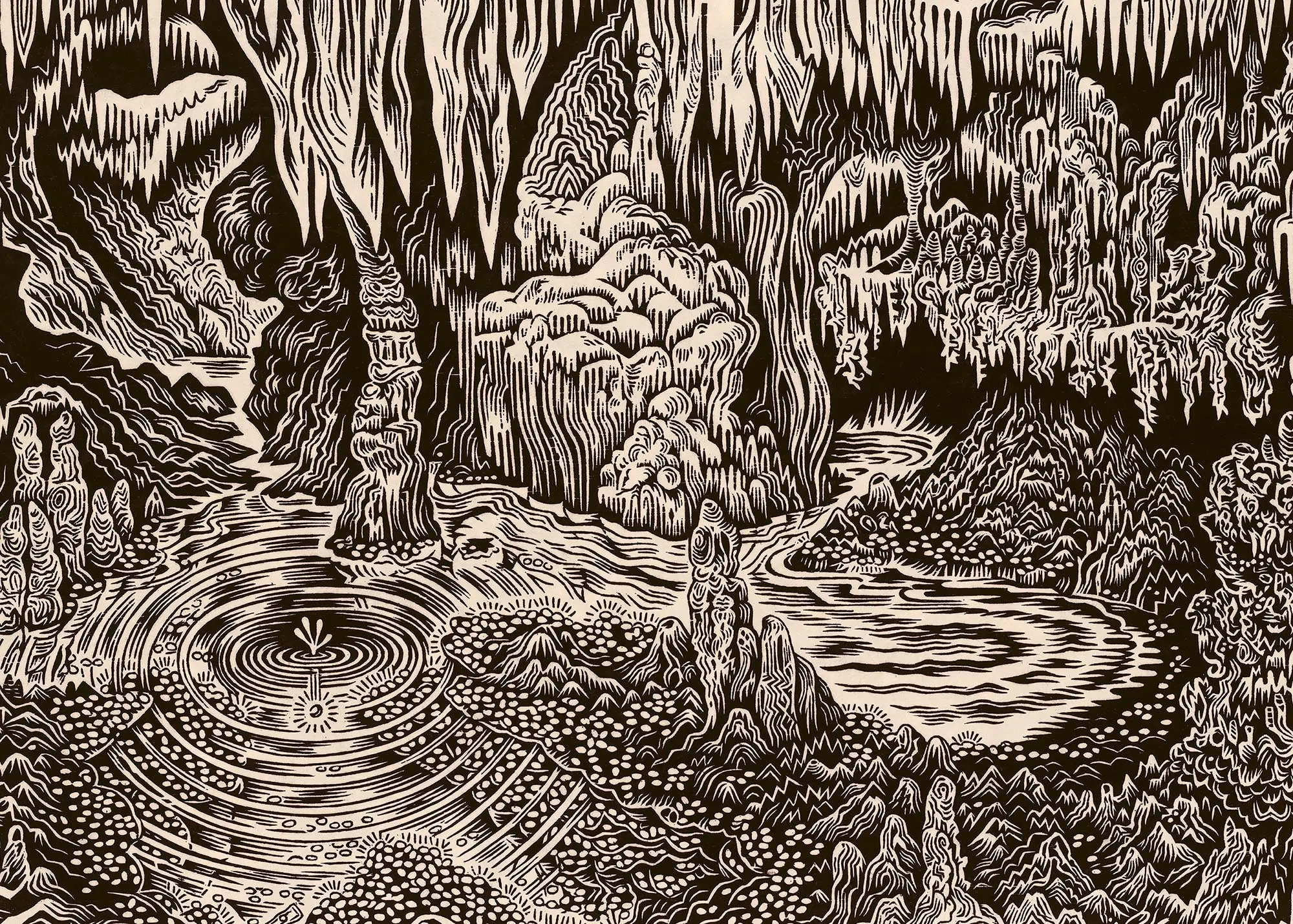 The finished woodcut print — a cavern interior of stalactites, columns, and a still pool, rendered entirely in carved line.