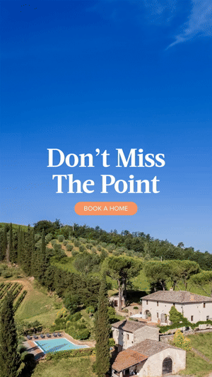 Vertical social cut — hillside villa above olive groves. Same headline and button.