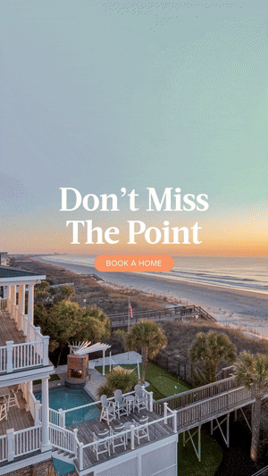 Vertical social cut — beachfront home with a pool at sunrise. Headline 'Don't Miss The Point', button 'Book a Home'.