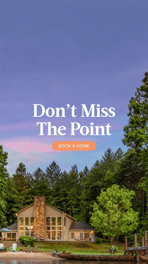 Vertical social cut — timber cabin among pines at dusk. Same headline and button.
