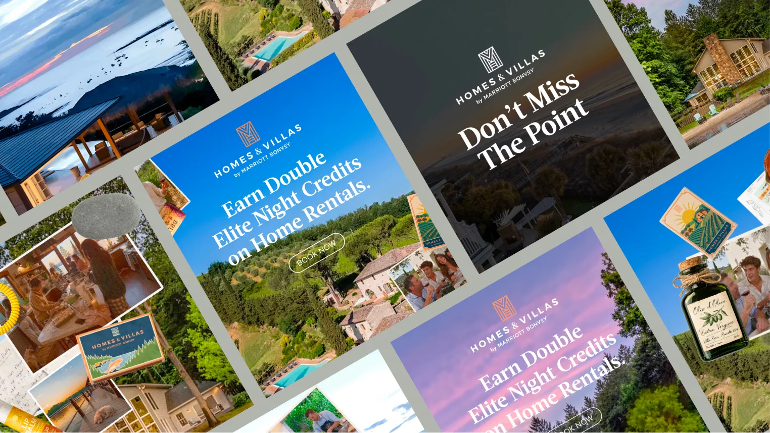 Collage of campaign assets — 'Don't Miss The Point' and 'Earn Double Elite Night Credits on Home Rentals' layouts over rental home photography, with Homes & Villas by Marriott Bonvoy branding.