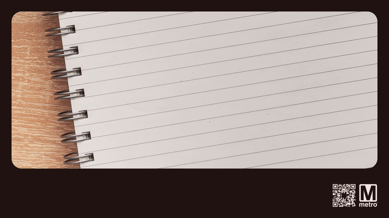 Spiral notebook with lined pages and the Metro logo and QR code in the corner.
