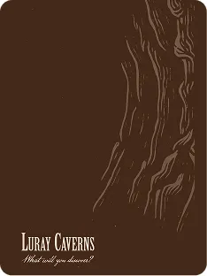 Small brown ad in the woodcut style, 'Luray Caverns — What will you discover?'
