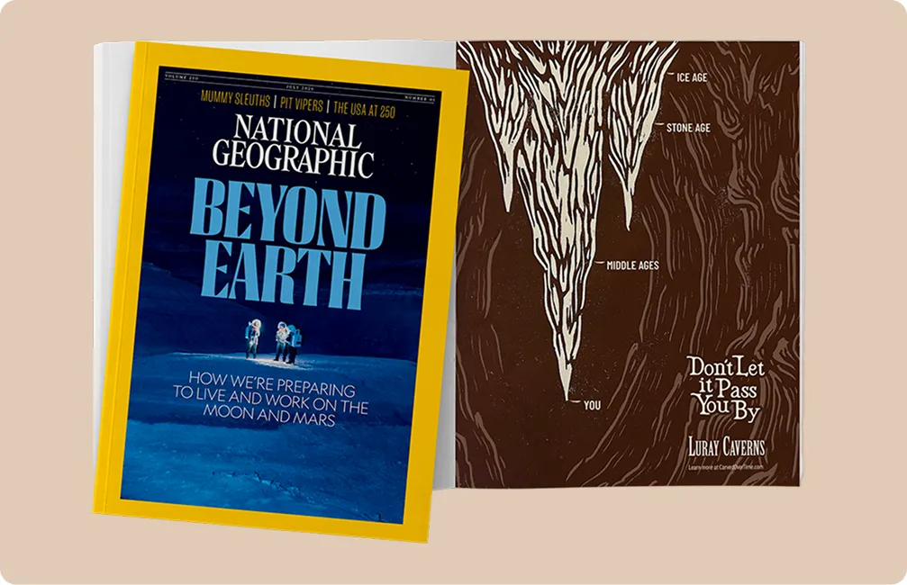 National Geographic issue open to the Luray Caverns insert, 'Don't Let it Pass You By' beside the woodcut column.