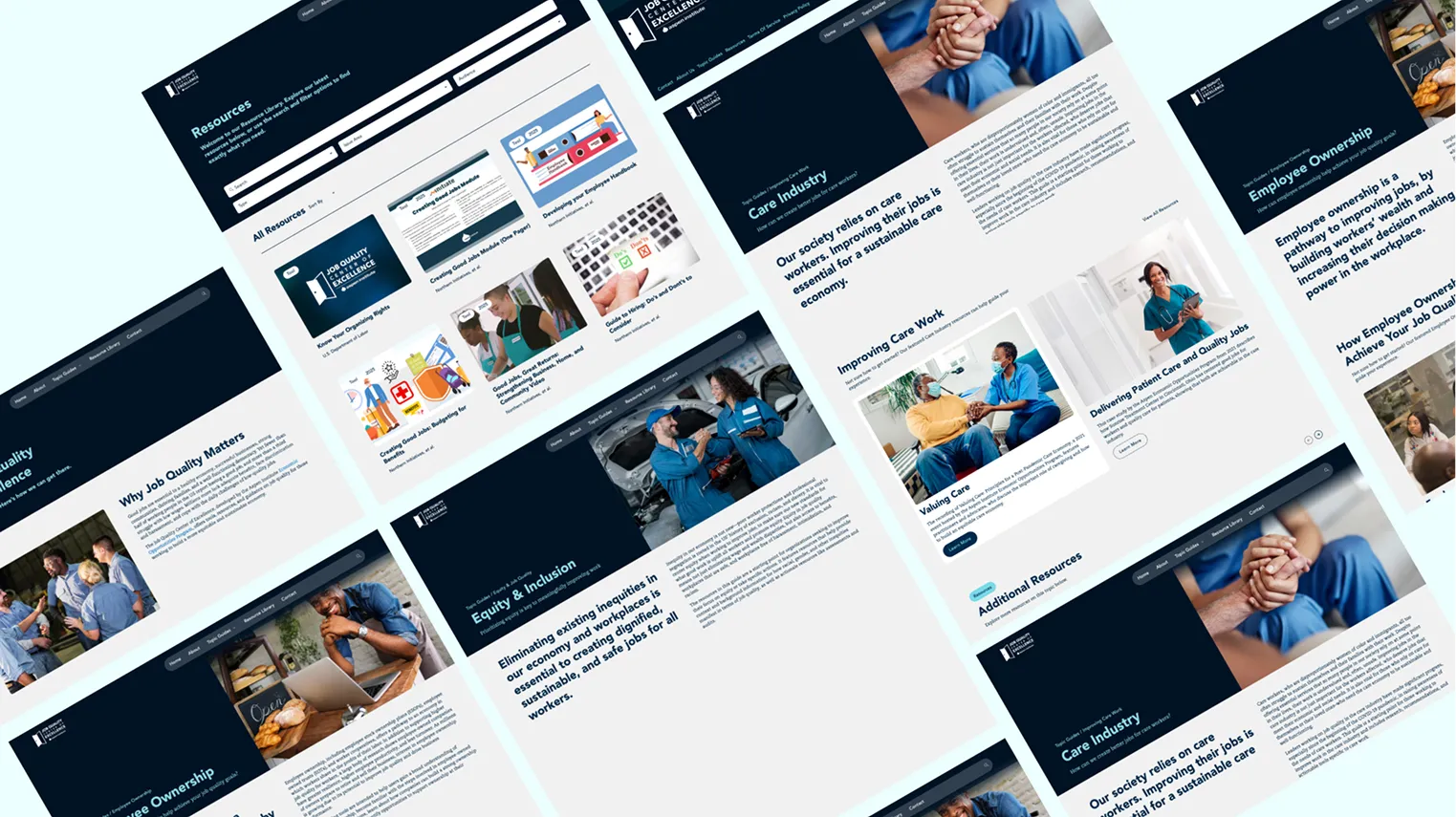 Angled collage of site pages — the resource library, Care Industry, Equity & Inclusion, and Employee Ownership topic guides.
