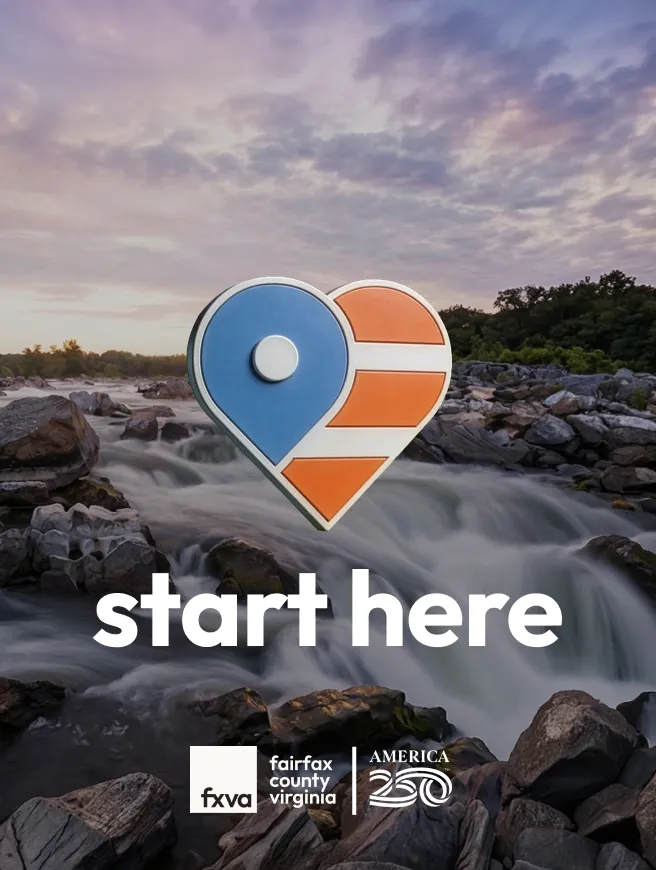 Vertical ad — the map pin heart above the falls at Great Falls Park. 'Witness America the Beautiful. Only in Northern Virginia', button 'Plan your visit'.
