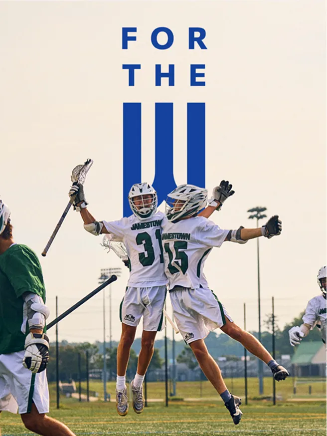 Key visual — two lacrosse players celebrating mid-jump against the same W and headline.